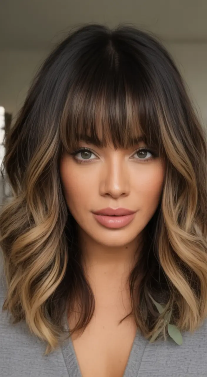 Sun-Kissed Highlight Ideas for Brunettes - Summer 2025! Face-Framing Balayage with Wispy Bangs