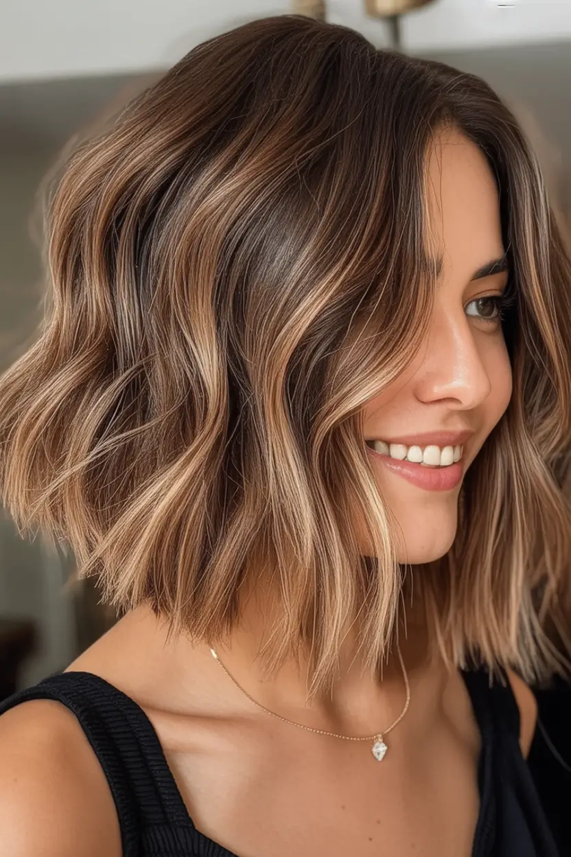 Sun-Kissed Highlight Ideas for Brunettes - Summer 2025! Modern Tousled Bob with Brightened Ends