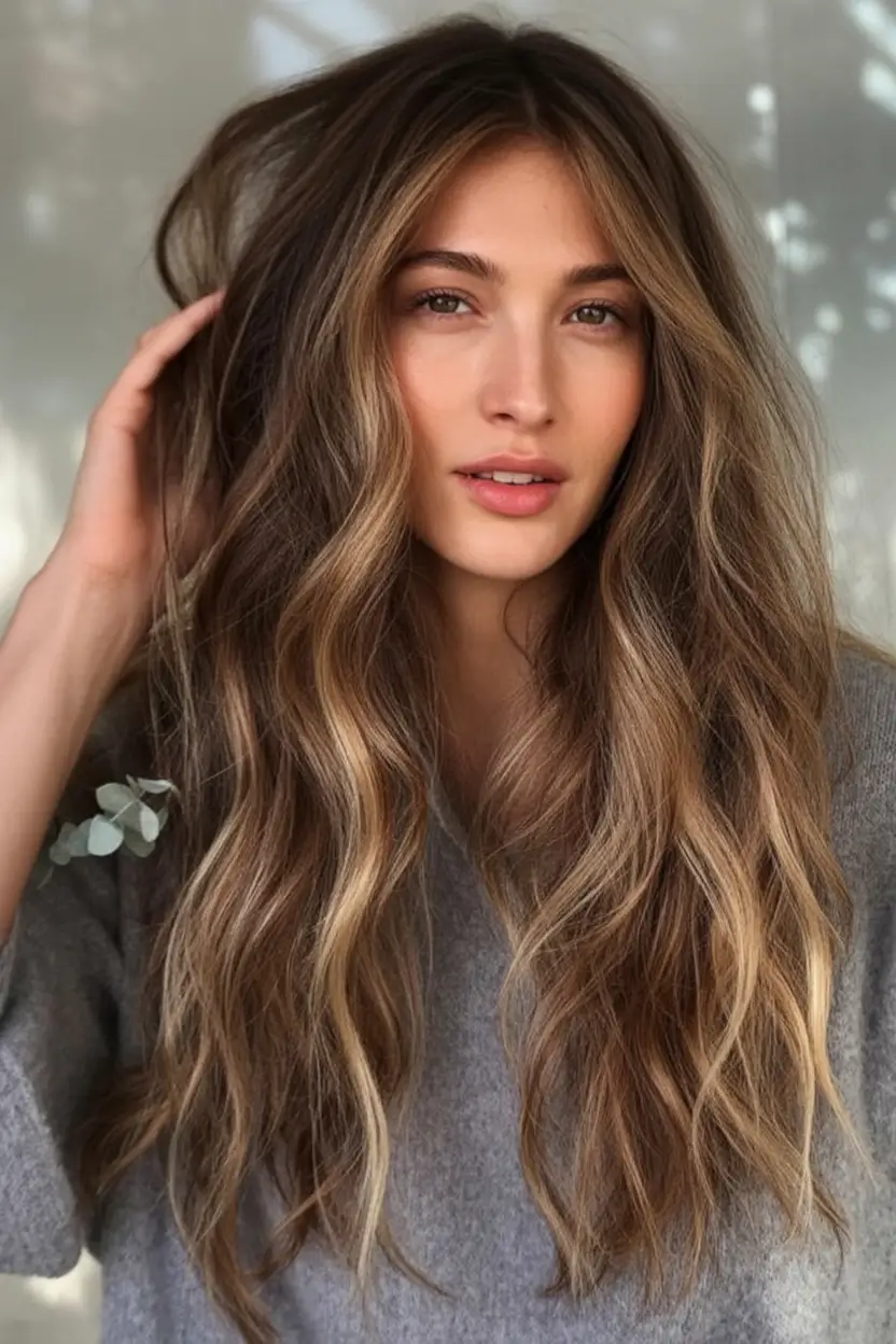 Sun-Kissed Highlight Ideas for Brunettes - Summer 2025! Waves with Dark Blonde Highlights in a Beachy Style