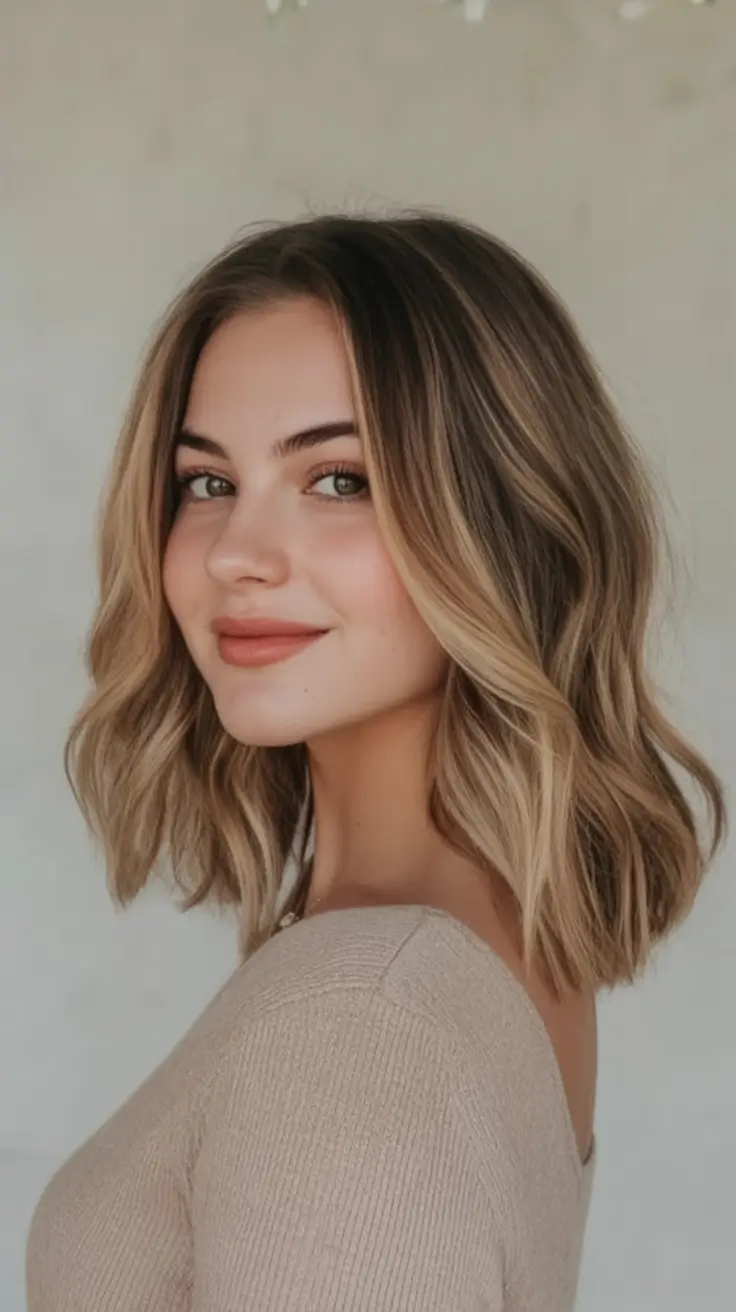 Sun-Kissed Highlight Ideas for Brunettes - Summer 2025! Bronzed Blonde Lob with Barely-There Waves