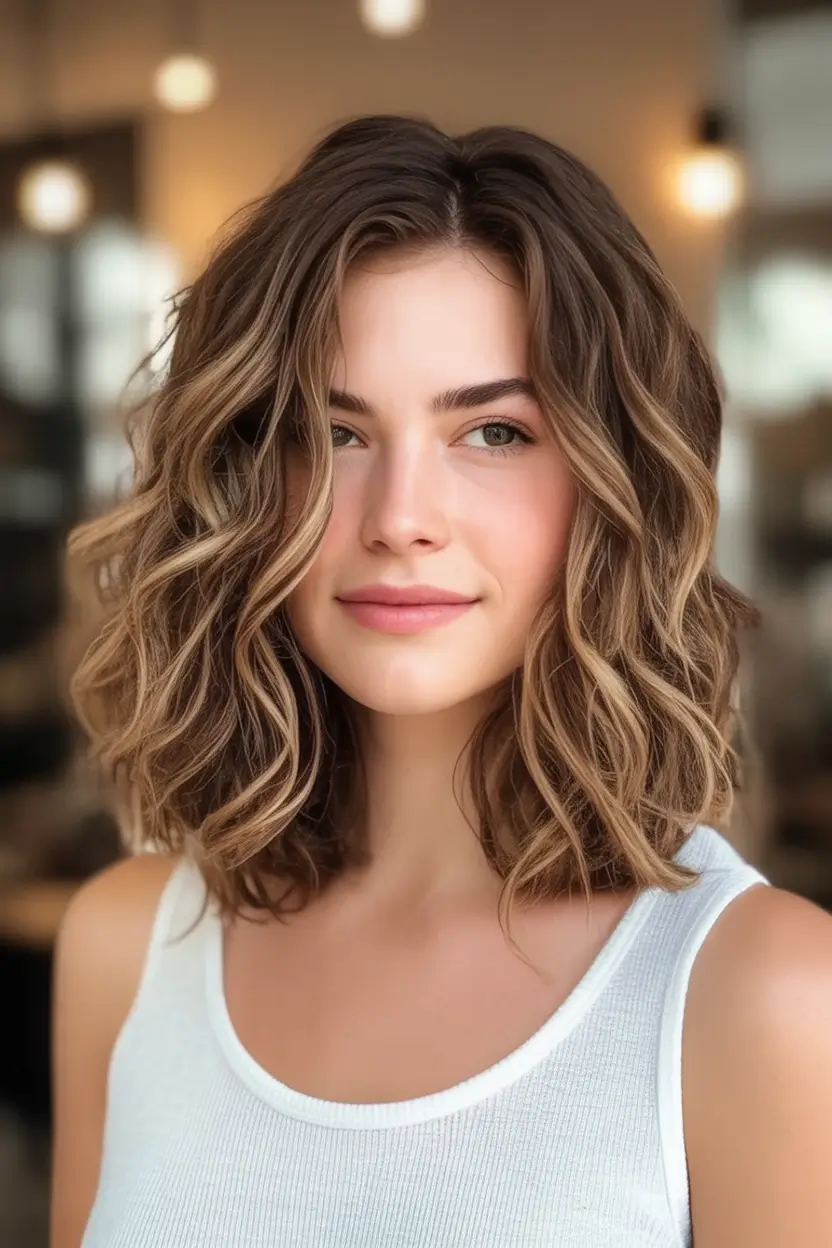 Sun-Kissed Highlight Ideas for Brunettes - Summer 2025! Modern Curl Bob with Subtle Blonde Ribbons