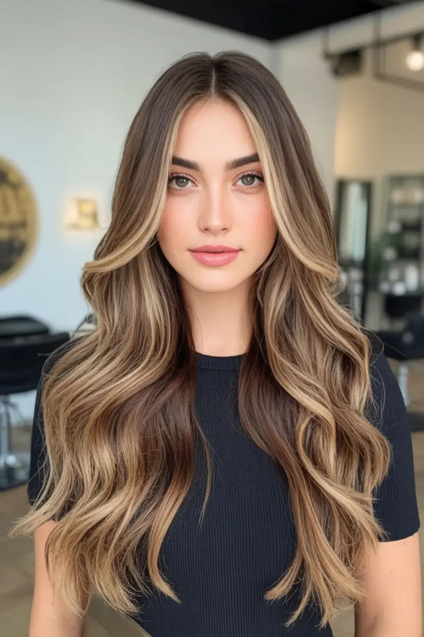 Sun-Kissed Highlight Ideas for Brunettes - Summer 2025! Brunette Melting Lengths with Champagne Ribbon Balayage