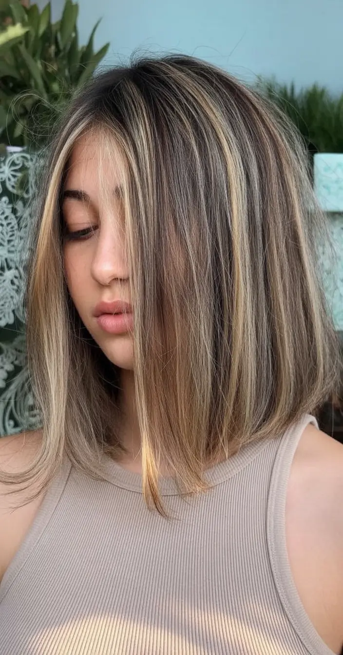 Sun-Kissed Highlight Ideas for Brunettes - Summer 2025! Cool Beige Lob with Shadow Roots