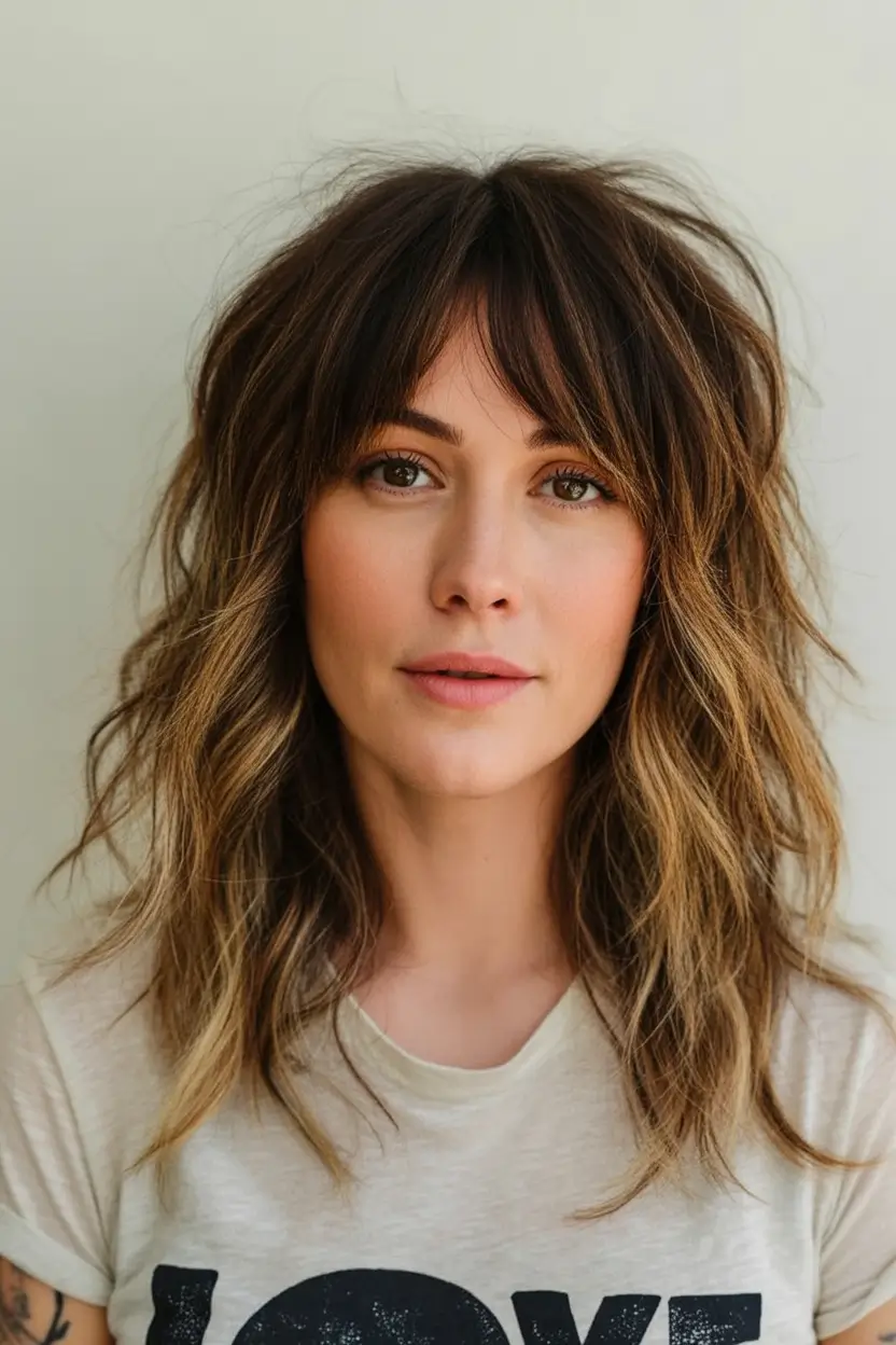 Sun-Kissed Highlight Ideas for Brunettes - Summer 2025! Textured Bronze Shag with Lived-In Bangs