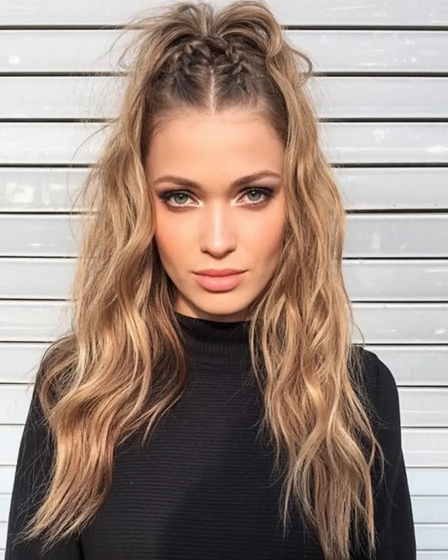 Vacation Hairstyles for Summer 2025: Chic Inspiration Half-Up Braided Crown with Loose Waves