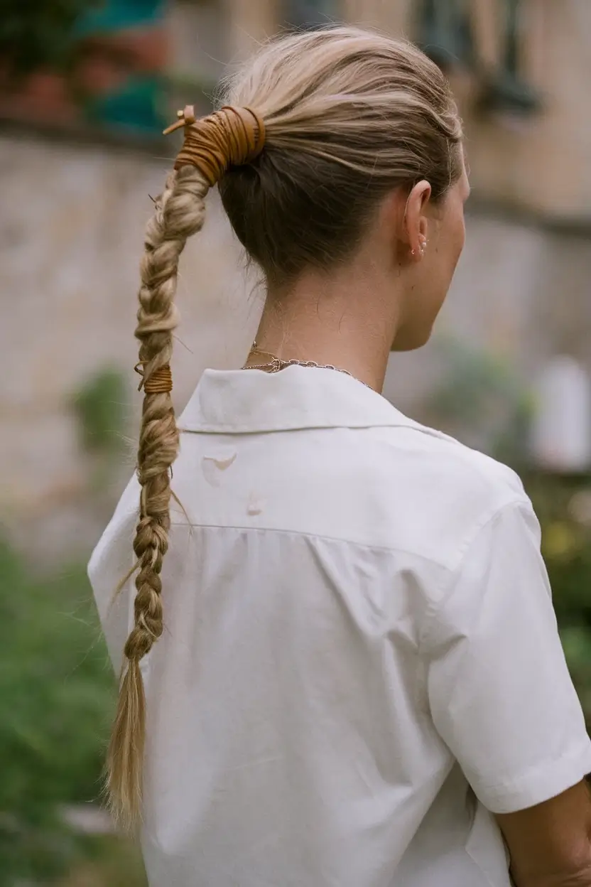 Vacation Hairstyles for Summer 2025: Chic Inspiration Wrapped Leather Rope Braid with Boho Finish
