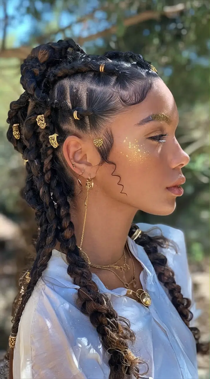 Vacation Hairstyles for Summer 2025: Chic Inspiration Braided Loc-Inspired Rows with Golden Detail