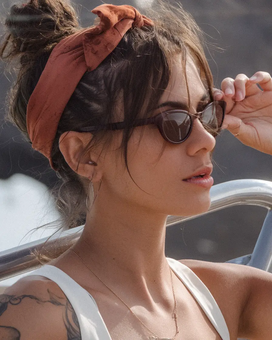 Vacation Hairstyles for Summer 2025: Chic Inspiration Messy Bun with Retro Headband