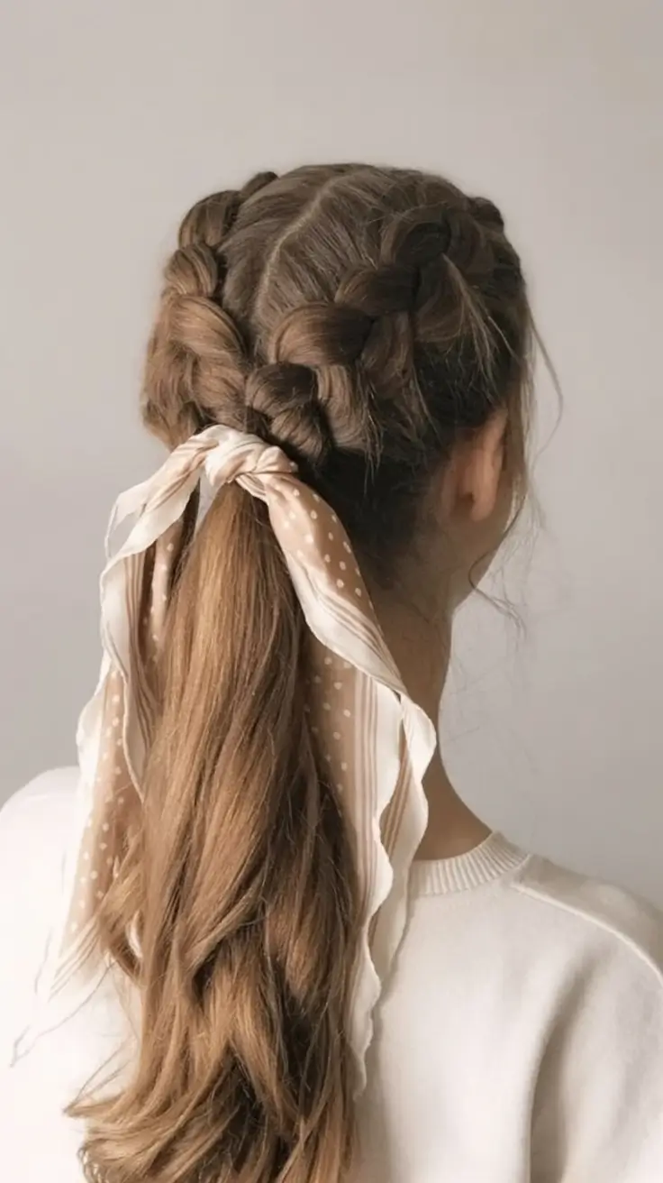 Vacation Hairstyles for Summer 2025: Chic Inspiration Milkmaid Crown with Ribbon Tied Pony