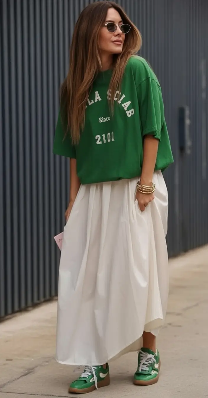 wardrobe ideas for july 2025 Oversized Tee Meets Volume Skirt Cool