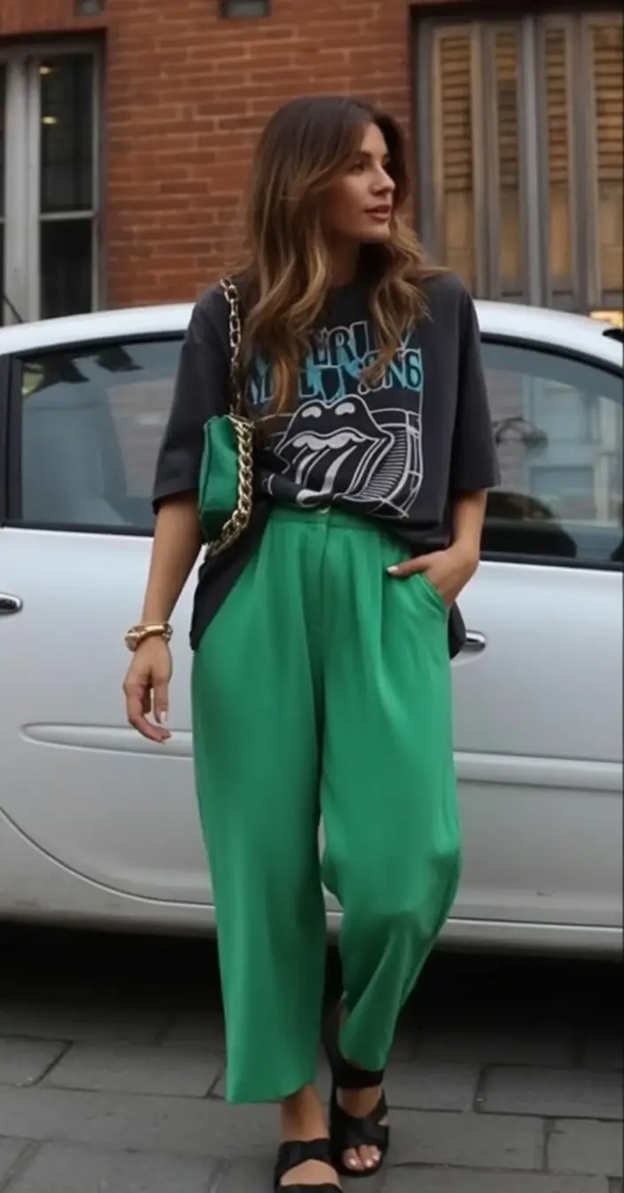wardrobe ideas for july 2025 Graphic Tee with Bold Trousers Energy