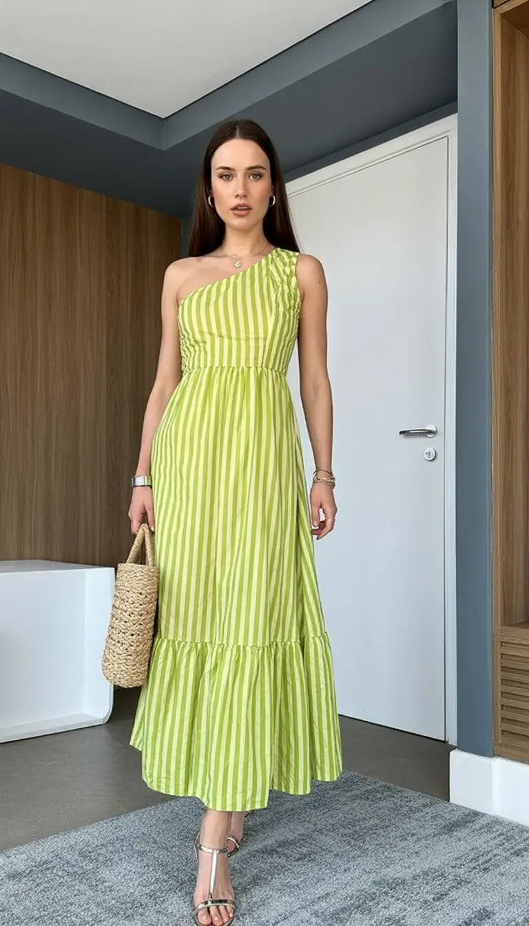 wardrobe ideas for july 2025 Fresh Citrus Vibes in One-Shoulder Stripes