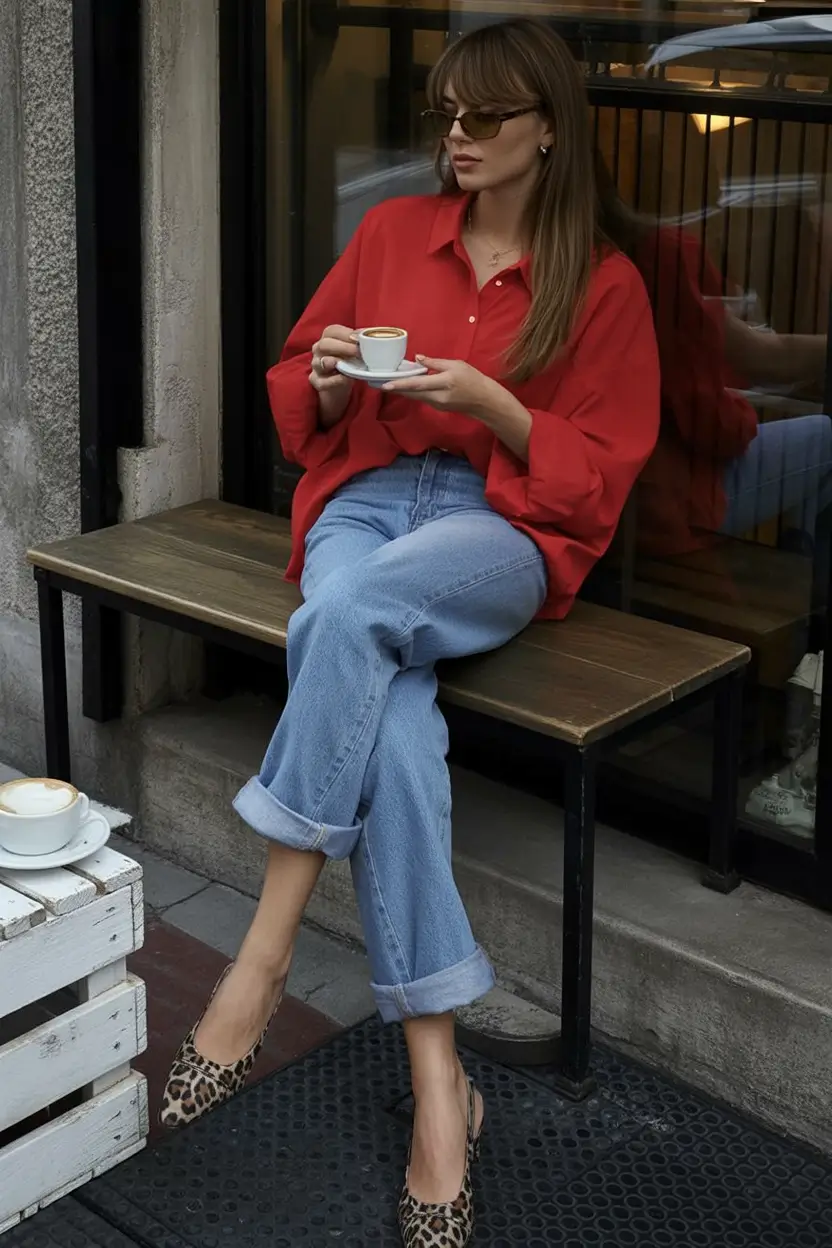 wardrobe ideas for july 2025 Timeless Red Button-Up with Denim Ease