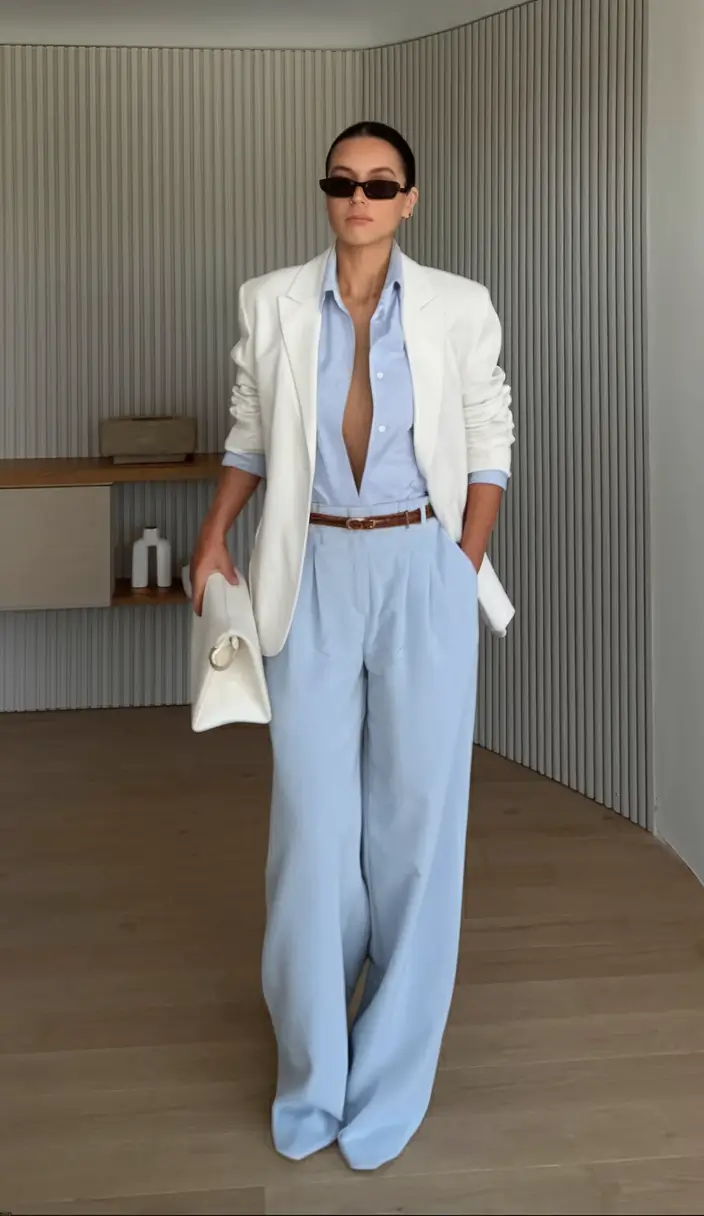wardrobe ideas for june 2025 Crisp White Layers + Ice Blue