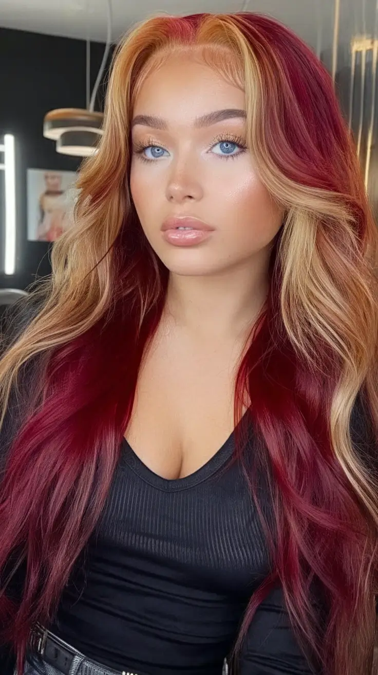 Wigs Hairstyle Summer 2025: Stylish Inspiration Red and Blonde Contrast Waves
