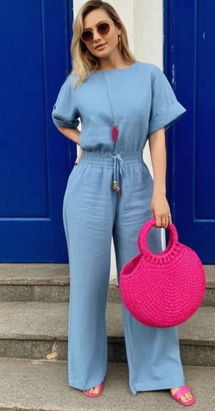 August Fashion outfits: Easy Ideas 2025 Soft Blue Linen and Hot Pink Confidence