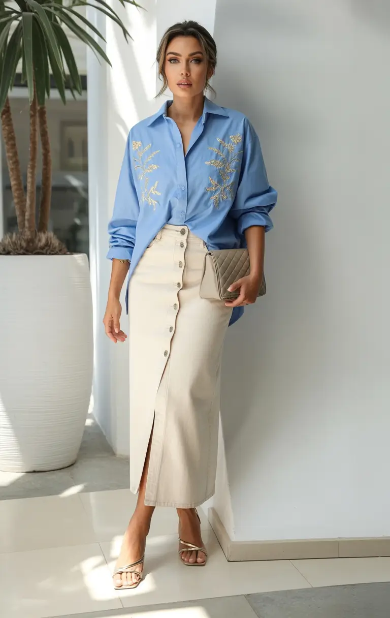 August Fashion outfits: Easy Ideas 2025 Tailored Skirt & Sky Blue Layers
