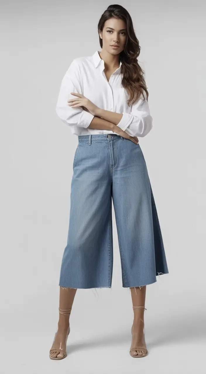 August Fashion outfits: Easy Ideas 2025 Wide Denim Culottes and Crisp Shirt Swagger