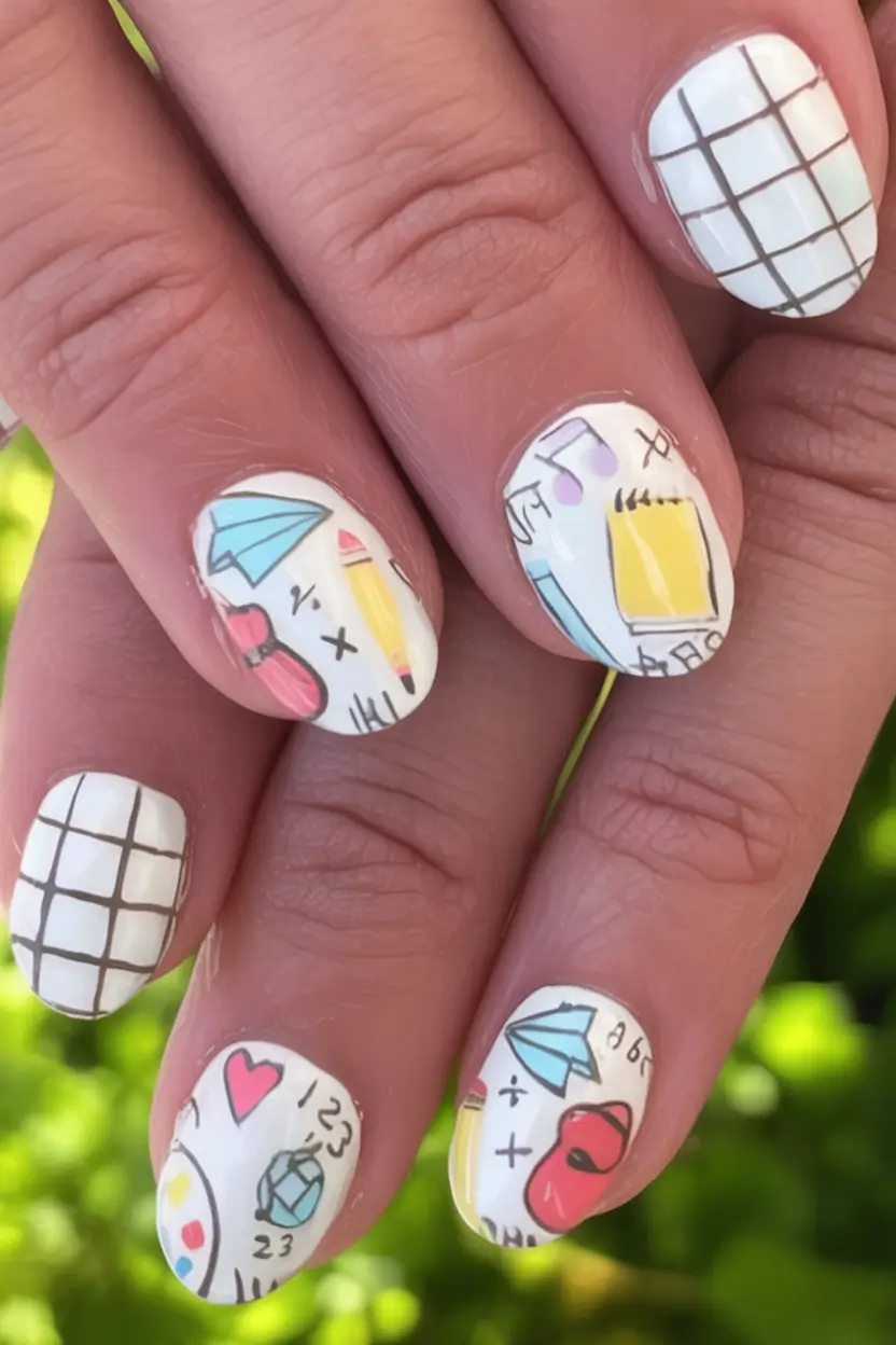 back to school nails ideas 2025 Playful Doodles and Grid Lines for a Smart Start