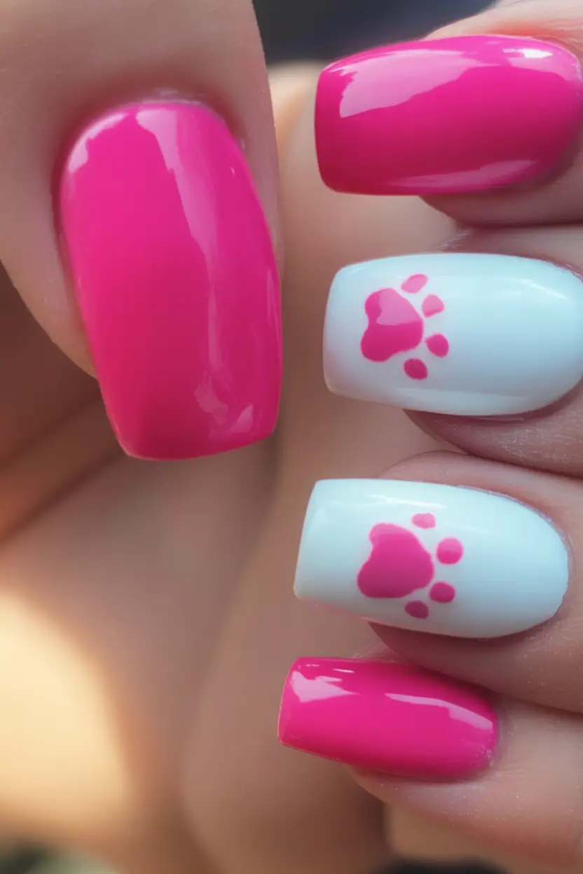 back to school nails ideas 2025 Hot Pink Heart Paws for the Win