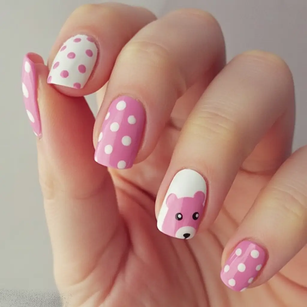 back to school nails ideas 2025 Sweet Bear and Polka Dot Delight