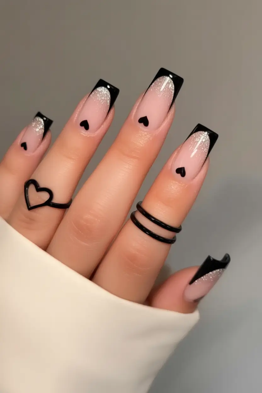 back to school nails ideas 2025 Black French and Glitter Glam Meets Study Mode
