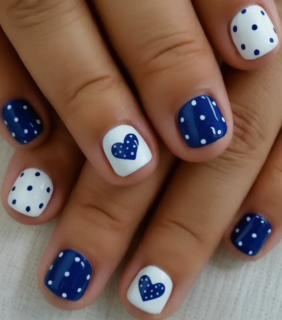 back to school nails ideas 2025 Polka-Dot Hearts with a Classic Twist