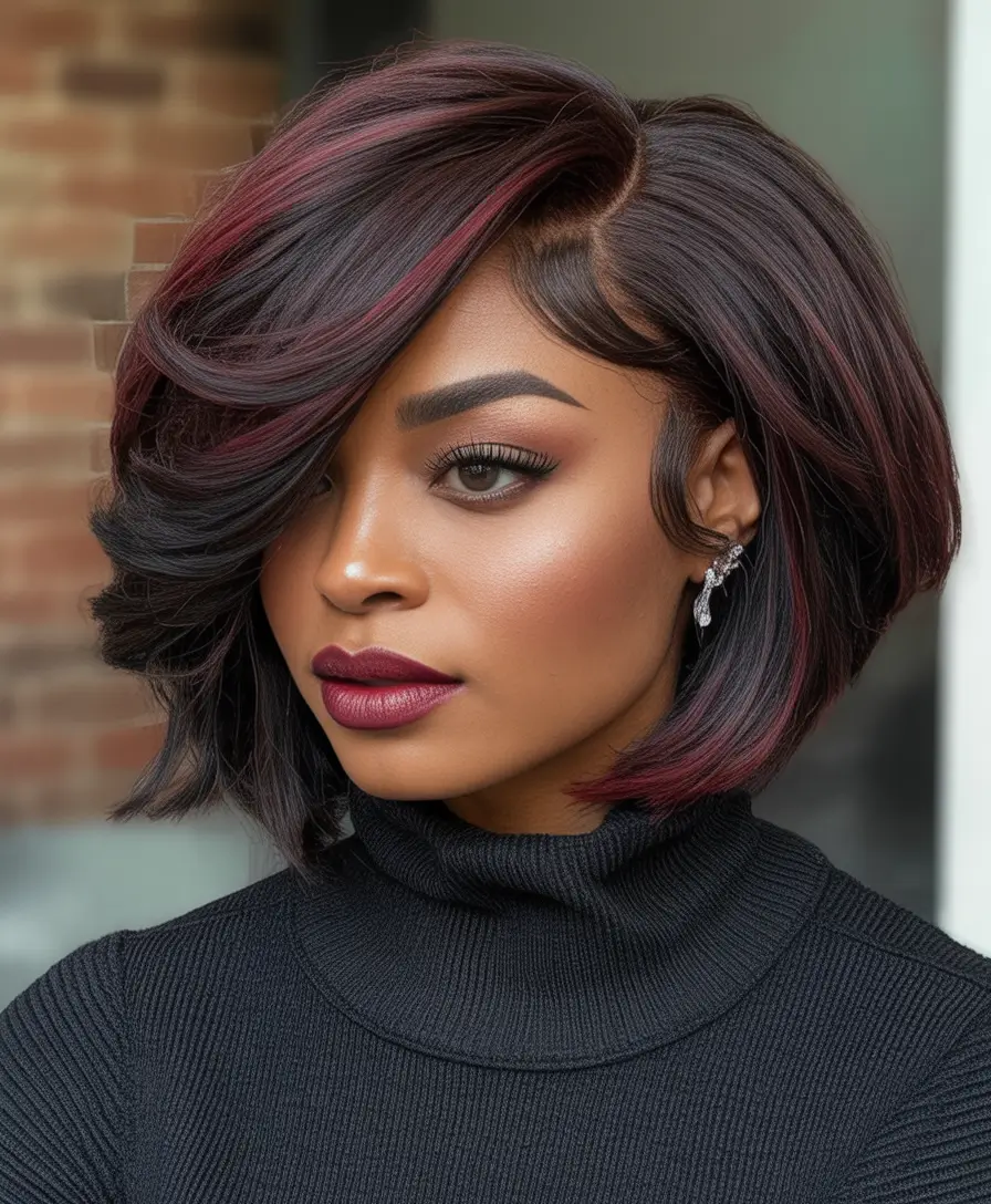 Best Fall Brown Hair Colors to Try in 2025 Mulberry Brunette Bob with Side Sweep Drama