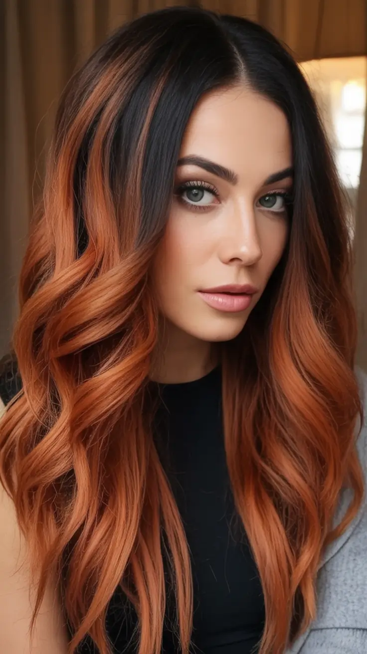Best Fall Brown Hair Colors to Try in 2025 Fiery Copper Ombré for Long Layers