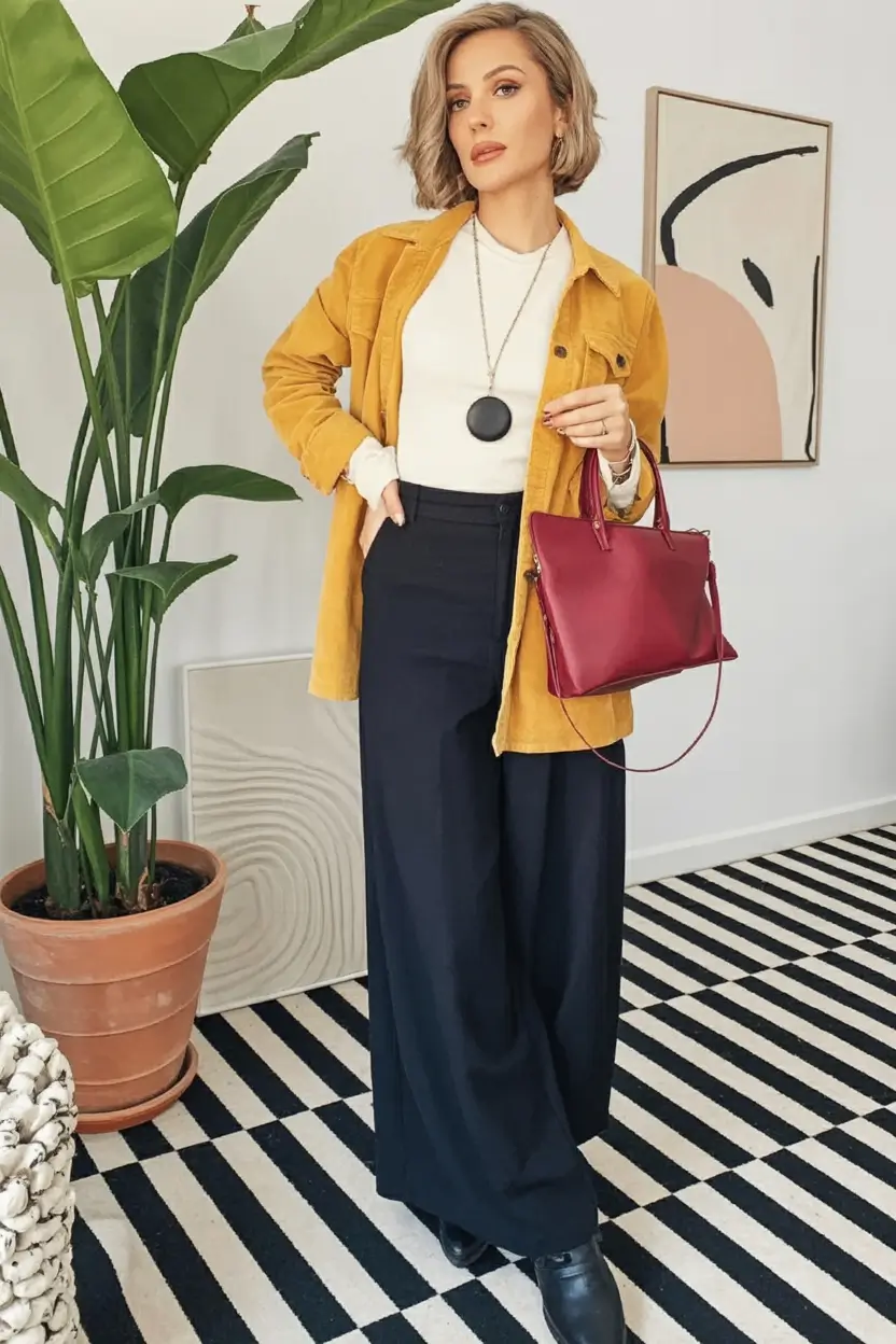 Business casual outfits ideas for fall 2025 Golden Layering with a Pop of Berry