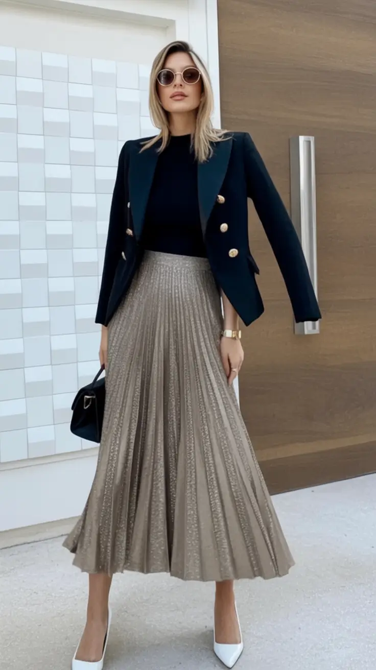 Business casual outfits ideas for fall 2025 Midnight Navy Meets Metallic Shine