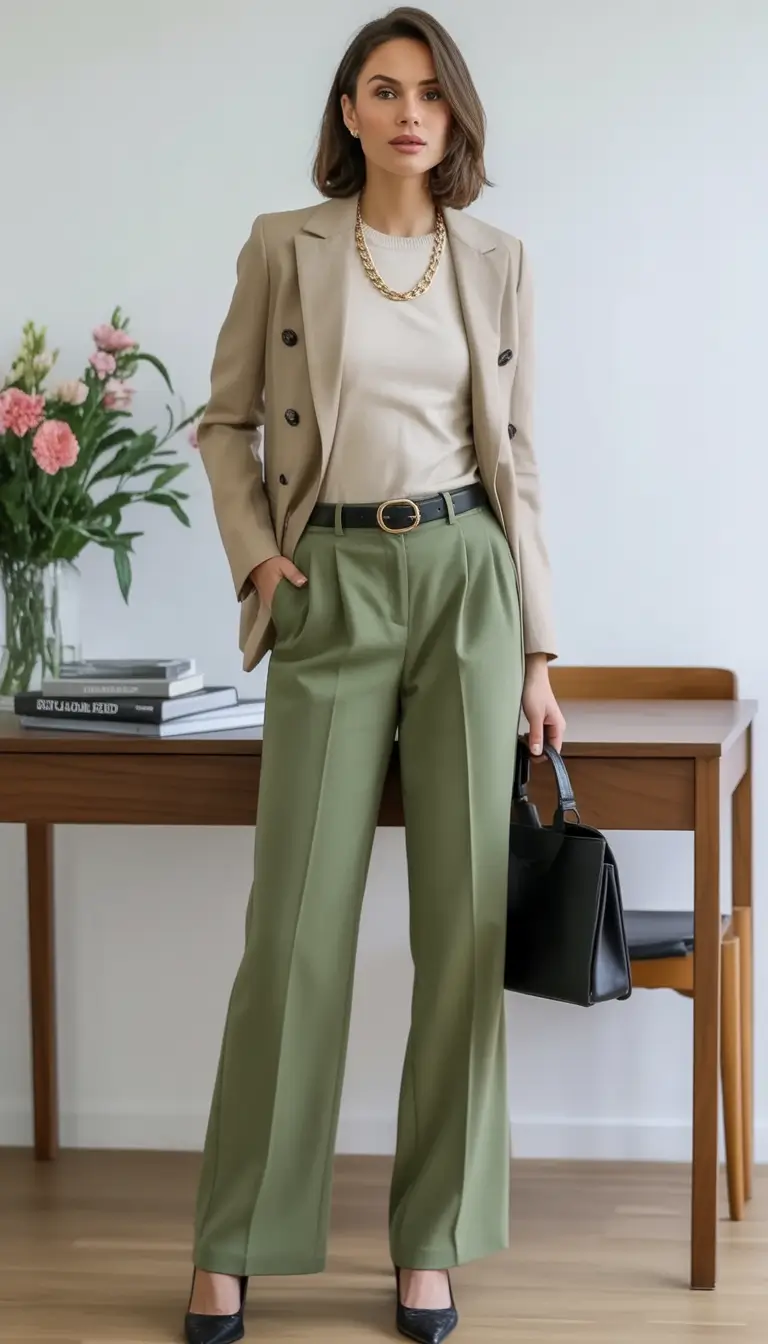 Business casual outfits ideas for fall 2025 Earthy Tones with a Pop of Sage