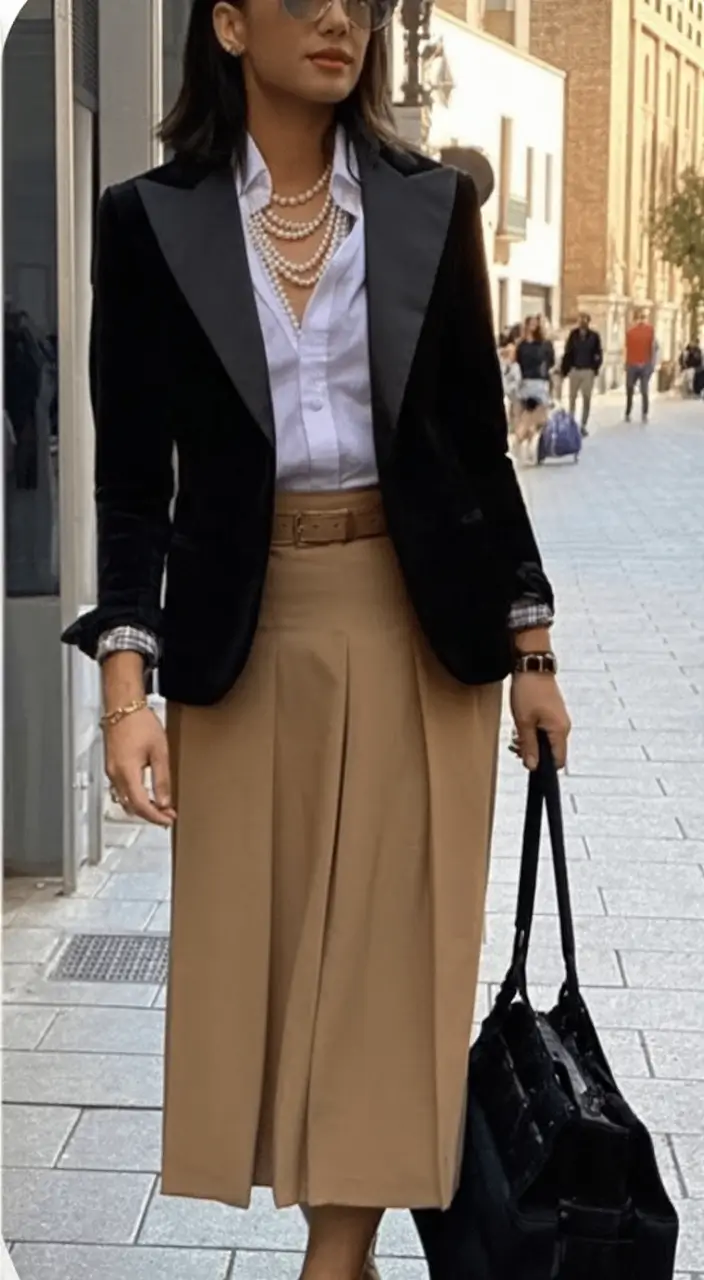 Business casual outfits ideas for fall 2025 Pearls Velvet and a Power Pleat