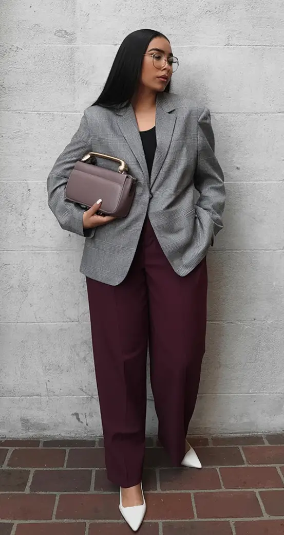 Business casual outfits ideas for fall 2025 Soft Grey Meets Burgundy Drama