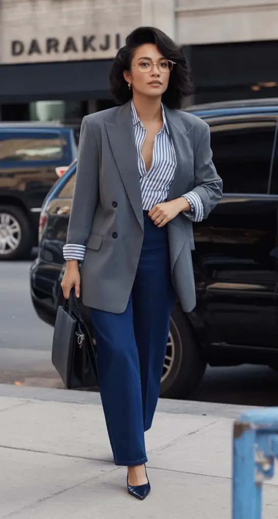 Business casual outfits ideas for fall 2025 Gray Blazer Blue Attitude