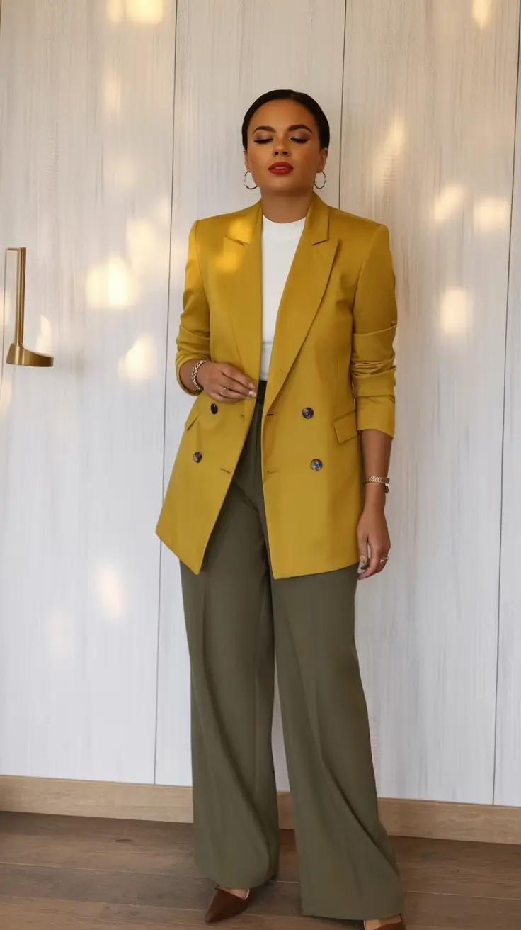 Business casual outfits ideas for fall 2025 Mustard Power & Olive Grace
