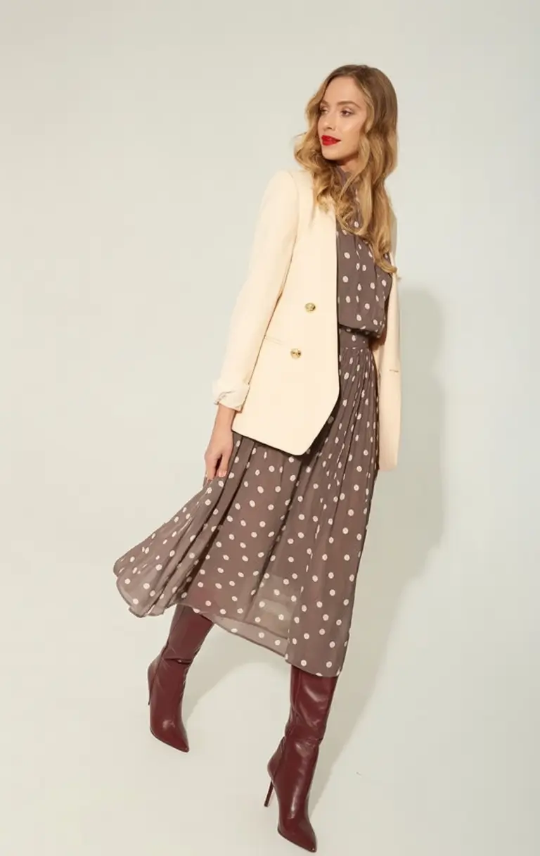 Business casual outfits ideas for fall 2025 Modern Polka Dots with Burgundy Boots