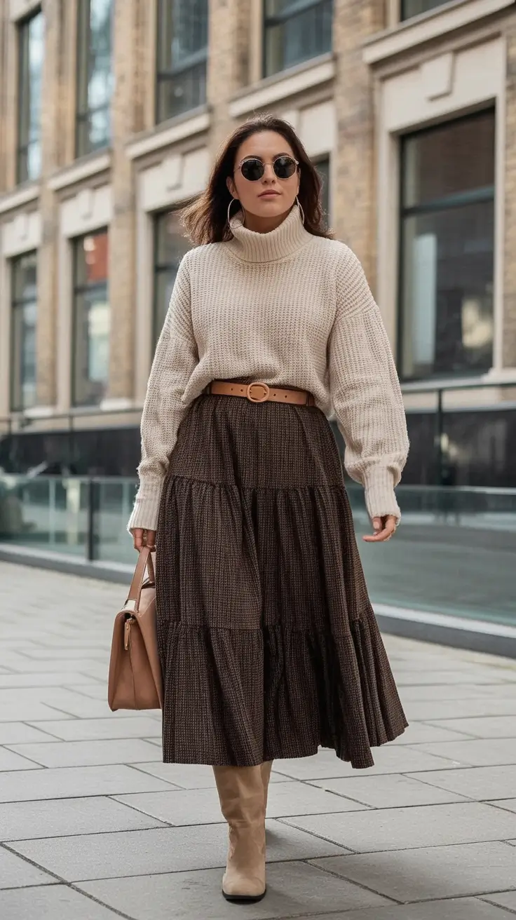 Cozy & Chic Fall outfits Ideas to Try in 2025 Chunky Sweaters And Earthy Swing Skirts