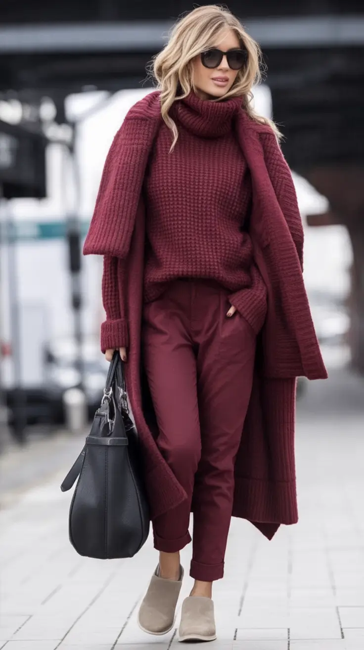 Cozy & Chic Fall outfits Ideas to Try in 2025 Monochrome Wine Layers With Street Ease