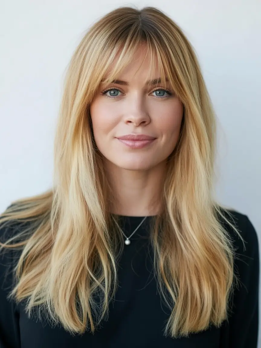 Golden Fall Hair Color for Blondes in 2025 Golden Fringe for Blue-Eyed Girls