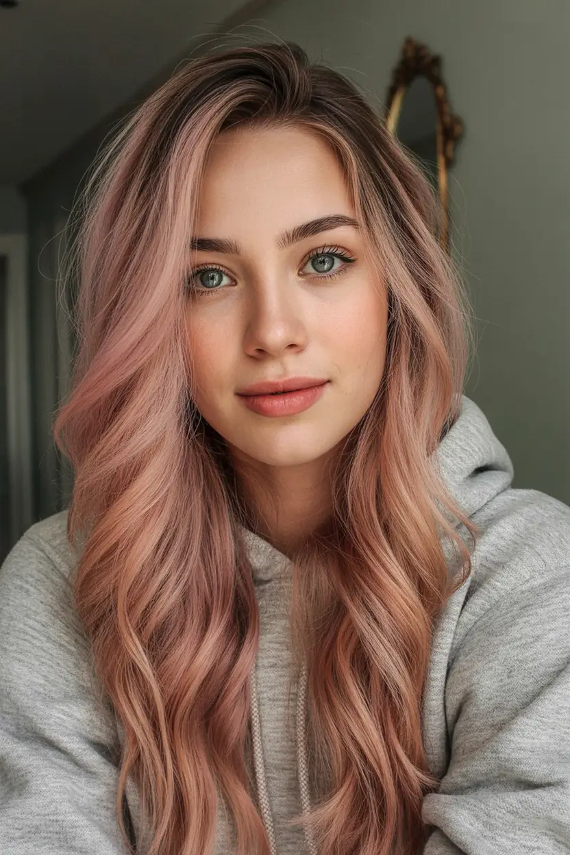 Golden Fall Hair Color for Blondes in 2025 Muted Rose Gold with Autumn Blush