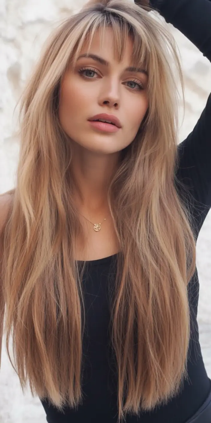 Golden Fall Hair Color for Blondes in 2025 Effortless Layers with Boho Bangs