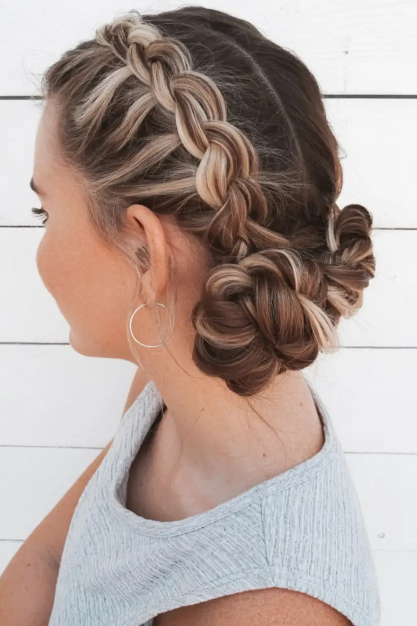 end of summer hairstyles ideas 2025 Structured Side Braided Updo with Dimension