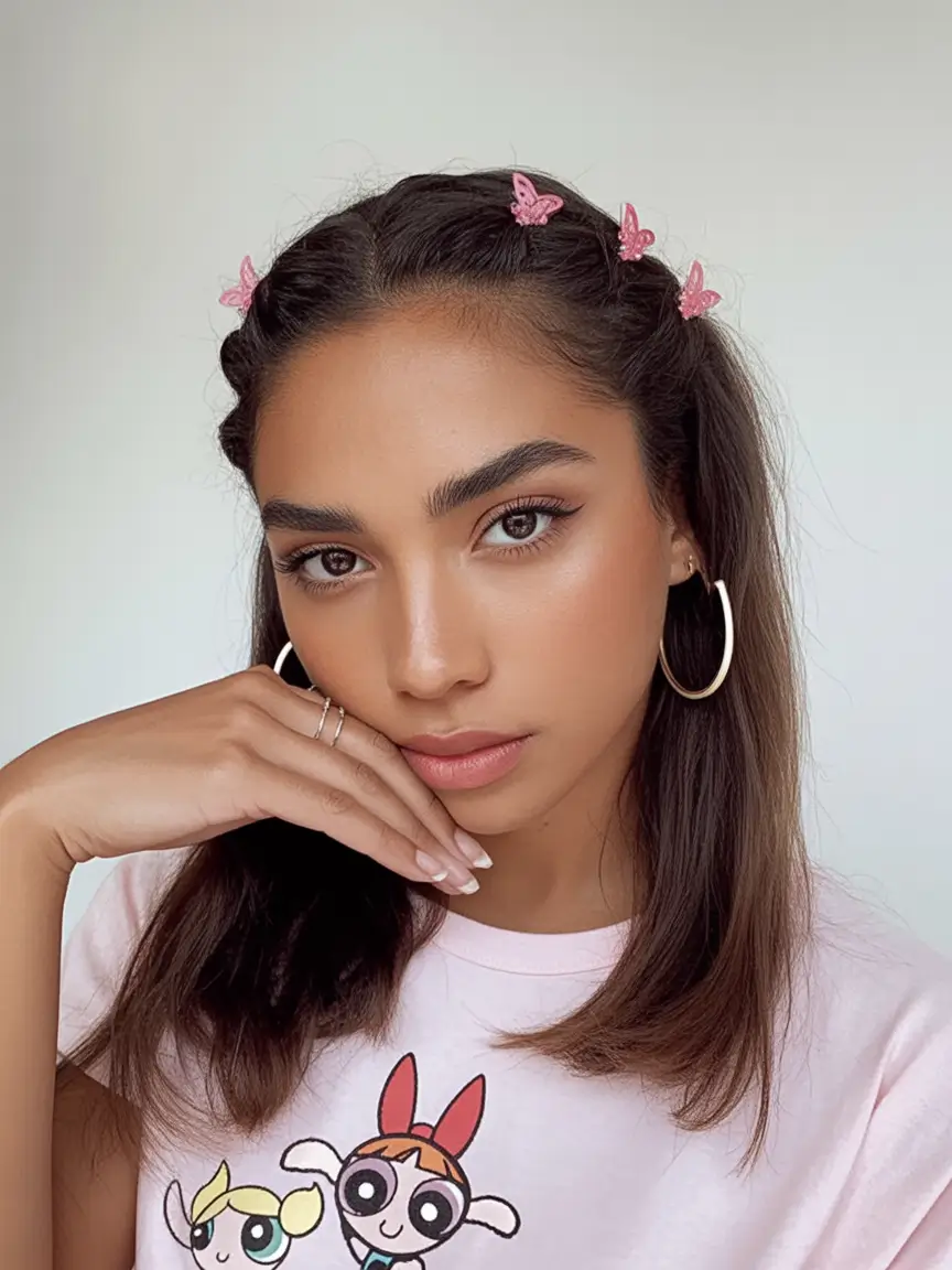 end of summer hairstyles ideas 2025 Butterfly Barrettes on Smooth Shoulder Length Hair