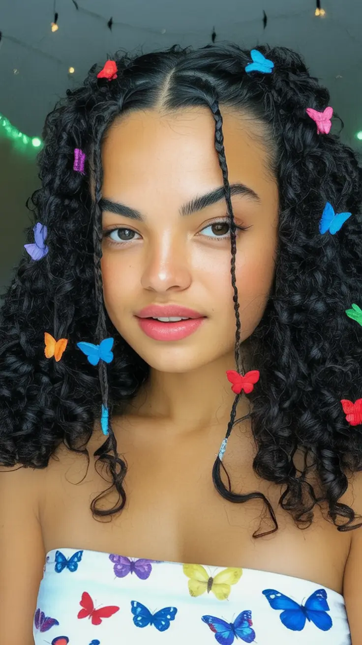 end of summer hairstyles ideas 2025 Playful Curls with Butterfly Clips and Braided Accents