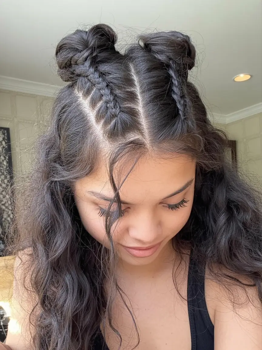 end of summer hairstyles ideas 2025 Mini Braided Buns with Wavy Volume