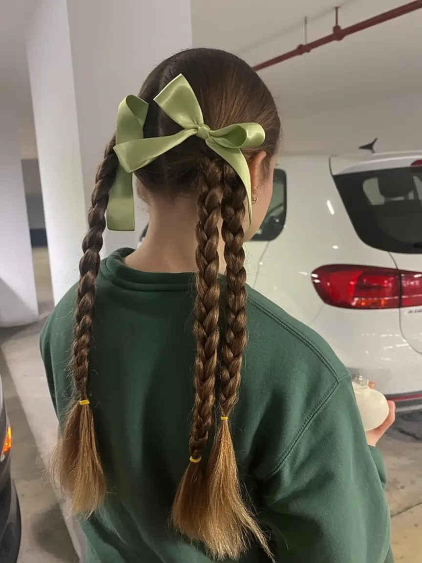 end of summer hairstyles ideas 2025 Double Braids with a Satin Bow Twist