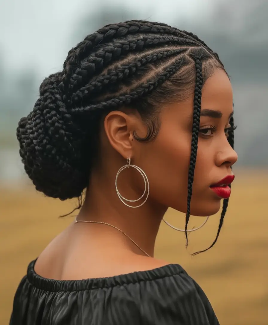 end of summer hairstyles ideas 2025 Intricate Braided Bun with Side Pieces