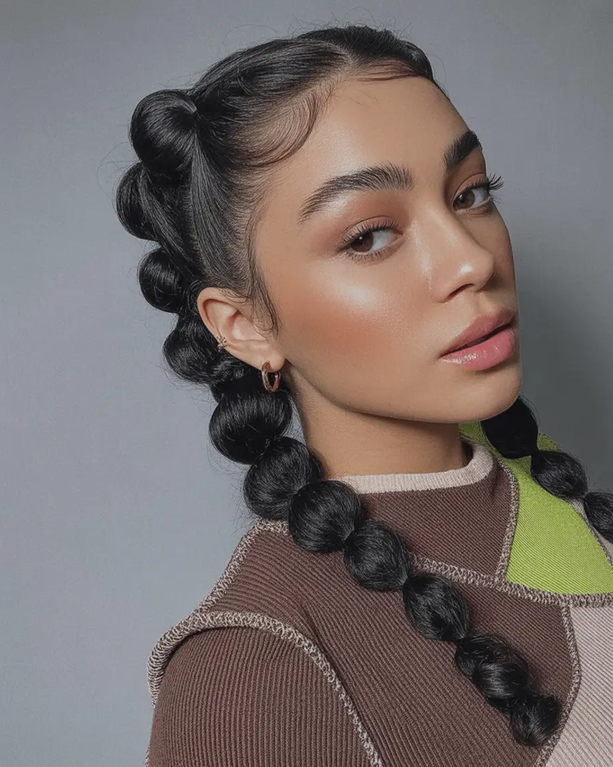 end of summer hairstyles ideas 2025 Bubble Braids with Sleek Parting