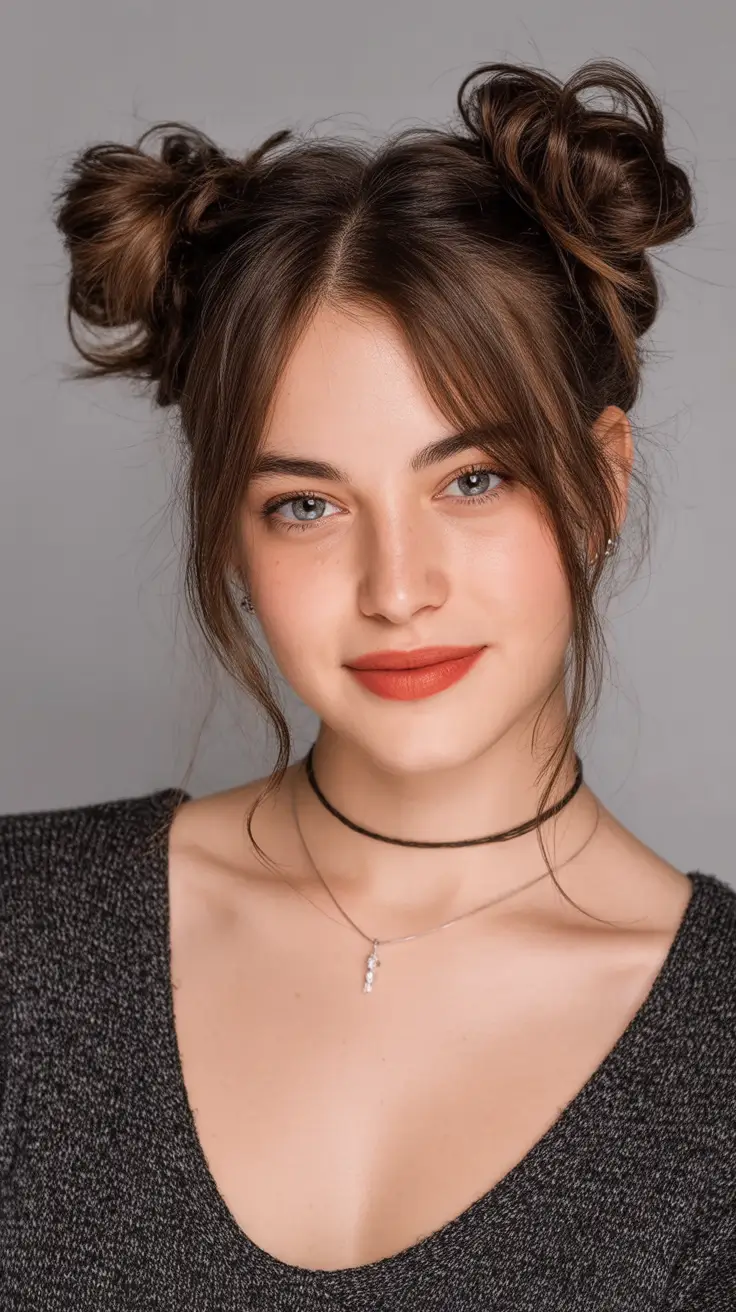 end of summer hairstyles ideas 2025 Messy Double Buns with Soft Curtain Bangs